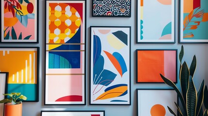 A visually stunning set of colorful geometric design posters, featuring a white hexagonal pattern on a chic gray background, a mesmerizing deep blue wavy design, and a collection of sophisti