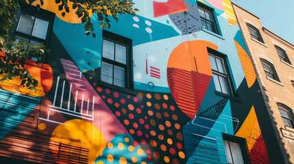 Obraz premium A captivating and dynamic mural adorns the weathered wall of an urban building, bursting with vibrant colors and intricate details. This mesmerizing street art instantly adds a touch of arts