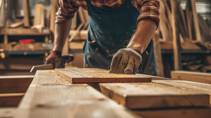 carpenter in a carpentry workshop sawing a wooden board, hobby, man, master, craft, furniture production, industry, handmade, tools, equipment, person, people - obrazy, fototapety, plakaty