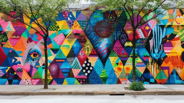 A captivating and dynamic mural adorns the weathered wall of an urban building, bursting with vibrant colors and intricate details. This mesmerizing street art instantly adds a touch of arts