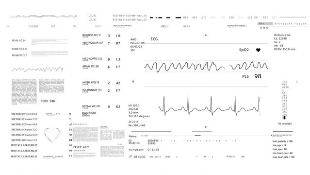 Heart rate.A monochrome video of a blurred heartbeat in parallel lines on white paper