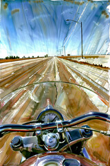 Freedom. A painting about riding a motorcycle across the open road, the rider experiences a profound sense of freedom, power, and independence, with the journey reinforcing their inner strength.