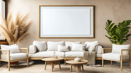 Scandinavian Living Room with Modern Design, Blank Poster on Wall for Artistic Expression, Comfort and Style in Home Decor