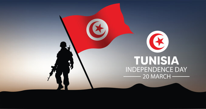 Tunisia Independence Day 20 solider standing with flag vector poster
