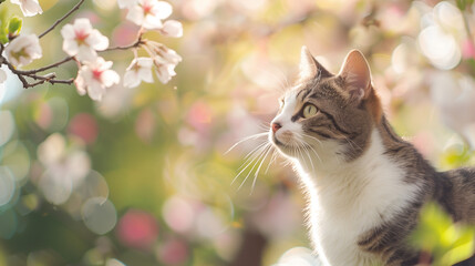 Naklejka na ściany i meble Portrail of a cat on blurred floral background