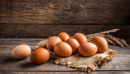 Brown chicken eggs on wooden background. Fresh and natural food.