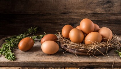 Brown chicken eggs in plate on wooden background. Fresh and natural food