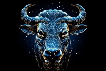 Taurus zodiac sign shining in blue light on black background, astrology concept.