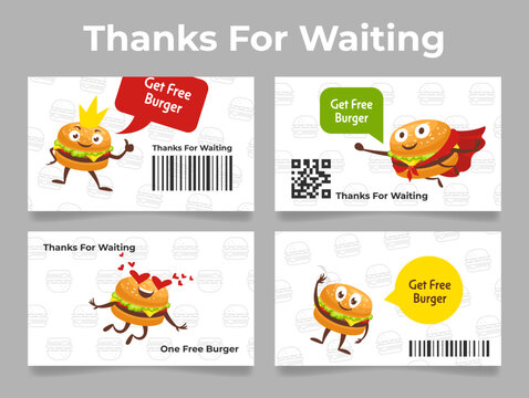 Thanks for waiting get free burger loyalty card design template bonus coupon set vector