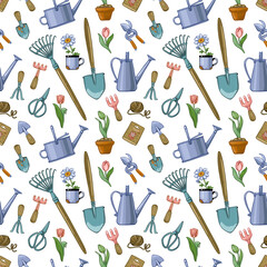 Seamless pattern with gardening tools, flowers, watering cans, bags of seeds on a white background.
