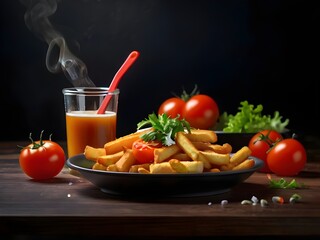High angle view of food on table, dark background, fresh salad tomato onion, illustration