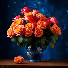 vase with red roses on a background of space