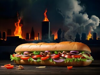 High angle view of food on table, dark background, fresh salad tomato onion, illustration