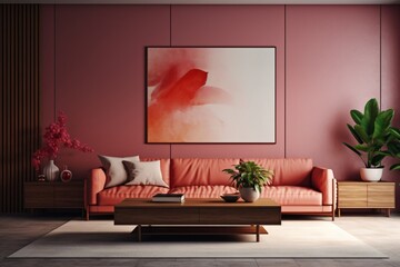 A spacious and luxurious living room interior design with pink hue and theme