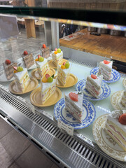 A display case filled with lots of different types of cakes