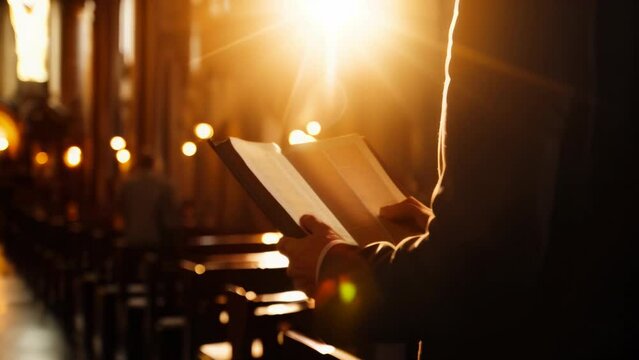 A pastor reading the Bible in a church before a service, Bible, blurred background, with copy space