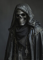 Fototapeta na wymiar character with skeleton face, gothic, sinister, leather cloak with hood