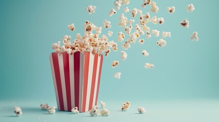 Scrumptious popcorn cascading from red striped box on soft blue backdrop, with ample space for text.