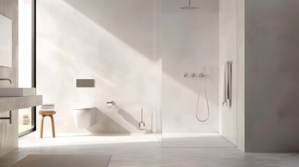 Fototapeta na wymiar Contemporary White Bathroom with Frameless Glass-Panel Shower AI Generated.