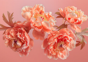 pink peonies floating on a pink background in the sty