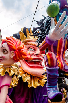Giant Multicolored Sculpture on a Carnival Float. Annual Celebration Events with Moving Statues, Masks, Costumes and a Big Parade in Patra City, Greece. Colors and &Eta;appiness in the Streets.