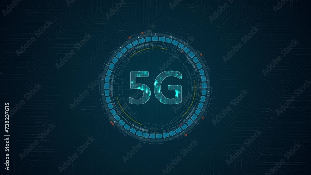 Poster motion graphic of blue digital 5g letter and circle futuristic hud elements with generation of conne