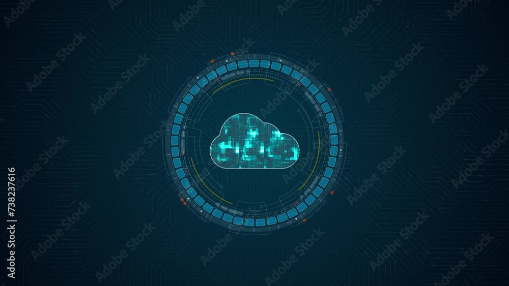 Poster motion graphic of blue digital cloud computing logo and circle futuristic hud elements with storage 