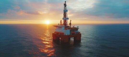 Offshore oil rig platform in open sea at dusk with blue ocean water and drilling equipment