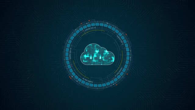 Motion graphic of Blue digital cloud computing logo and circle futuristic HUD elements with storage big data backup concepts on circuit board abstract background