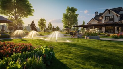 Fototapeta na wymiar Explore our Smart Garden Watering System with Rotating Sprinklers