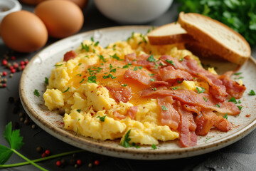 Fototapeta na wymiar Appetizing scrambled eggs and bacon 