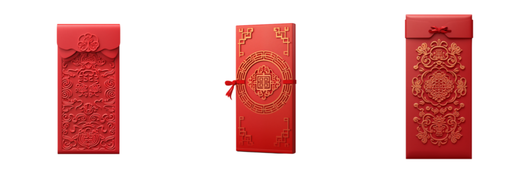 Trio of Chinese New Year Red Envelopes on Transparent Background
