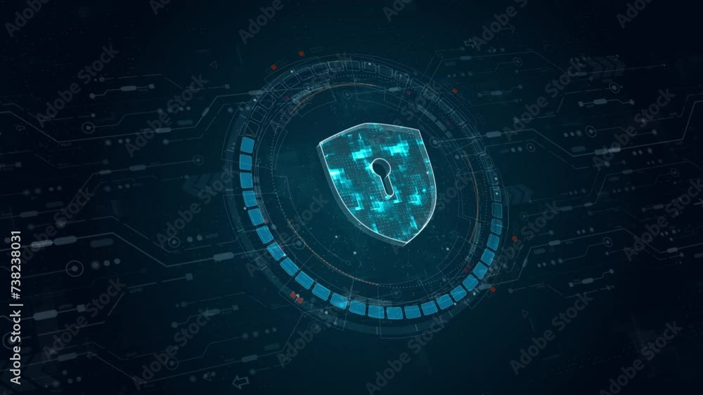Poster motion graphic of blue digital security shield logo and circle futuristic hud elements with flowing 