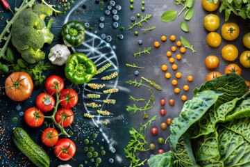 Organic fresh vegetables and DNA sequencing made with them - obrazy, fototapety, plakaty