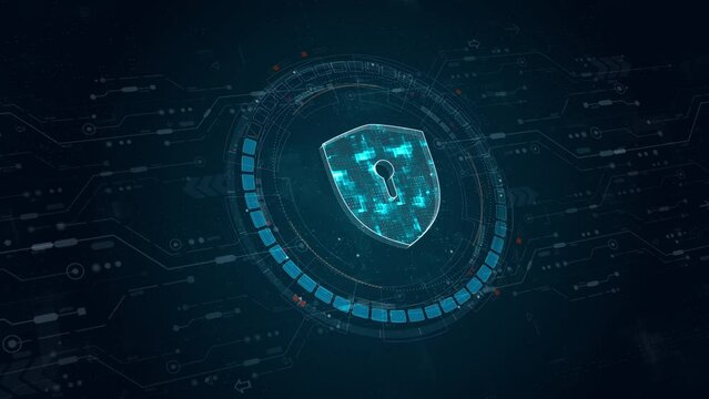 Motion graphic of Blue digital security shield logo and circle futuristic HUD elements with flowing arrows with network firewall technology and data secure concepts on abstract background