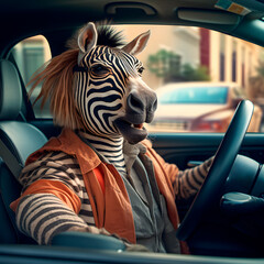 Zebra driving a car in the safari