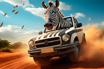 Zebra driving a car in the safari - obrazy, fototapety, plakaty