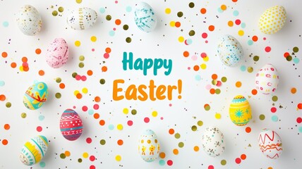 Easter poster and banner template with Easter eggs in the nest on light white background.Greetings and presents for Easter Day in flat lay styling.