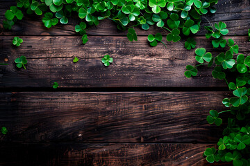 Empty wooden table with green clover as a symol of the st patric day theme
