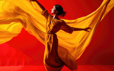 Dynamic woman in flowing yellow dress on red background.
