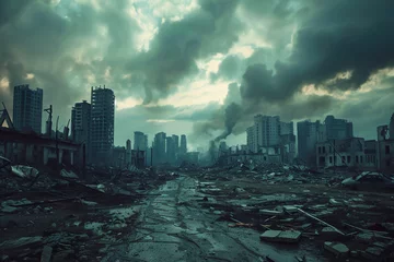 Fotobehang destroyed city landscape. war concept. generative ai. © Joose