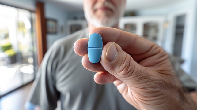 Happy man holding blue pill with copy space on blurred background, healthcare concept