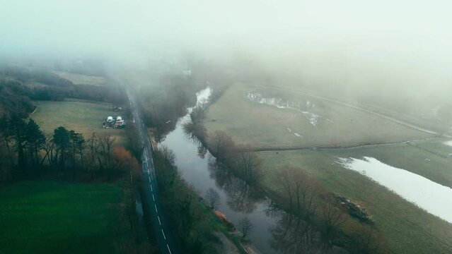 Ruswarp is a pretty village that lies in the scenic Esk Valley, just one mile south of Whitby. Misty Yorkshire landscape scene. Coastal winter setting