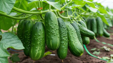 Fresh organic cucumbers growing on bush in greenhouse, agricultural concept with copy space