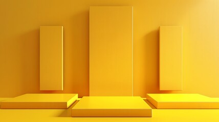 Yellow empty illuminated room with circle platform. Realistic 3d immitation 