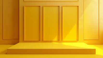 Yellow empty illuminated room with circle platform. Realistic 3d immitation 