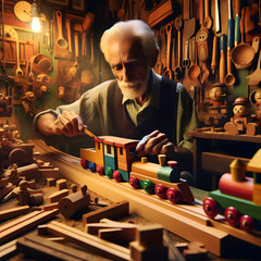 Carpintero construyendo juguete - obrazy, fototapety, plakaty
