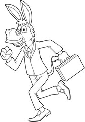 Fototapeta premium Outlined Business Donkey Jackass Cartoon Character Running With Suitcases. Vector Hand Drawn Illustration Isolated On Transparent Background
