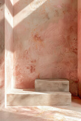 Natural concrete empty podiums for product photography in pink color.
