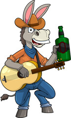Donkey Jackass Cowboy Cartoon Character With Guitar And Whiskey Bottle. Vector Hand Drawn Illustration Isolated On Transparent Background